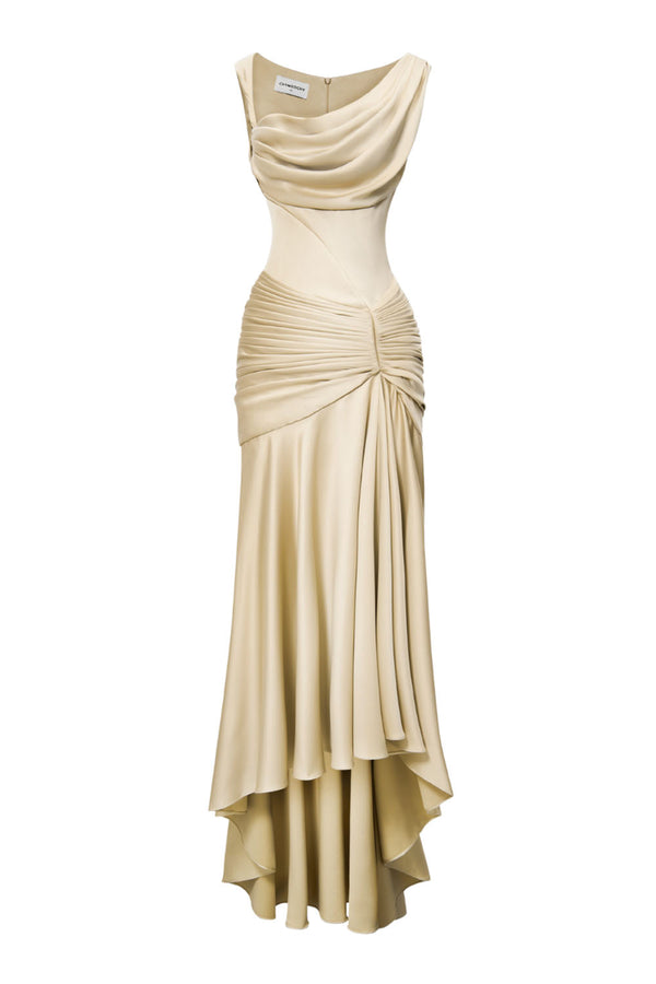 Jersey Sheath Asymmetric Satin Maxi Dress