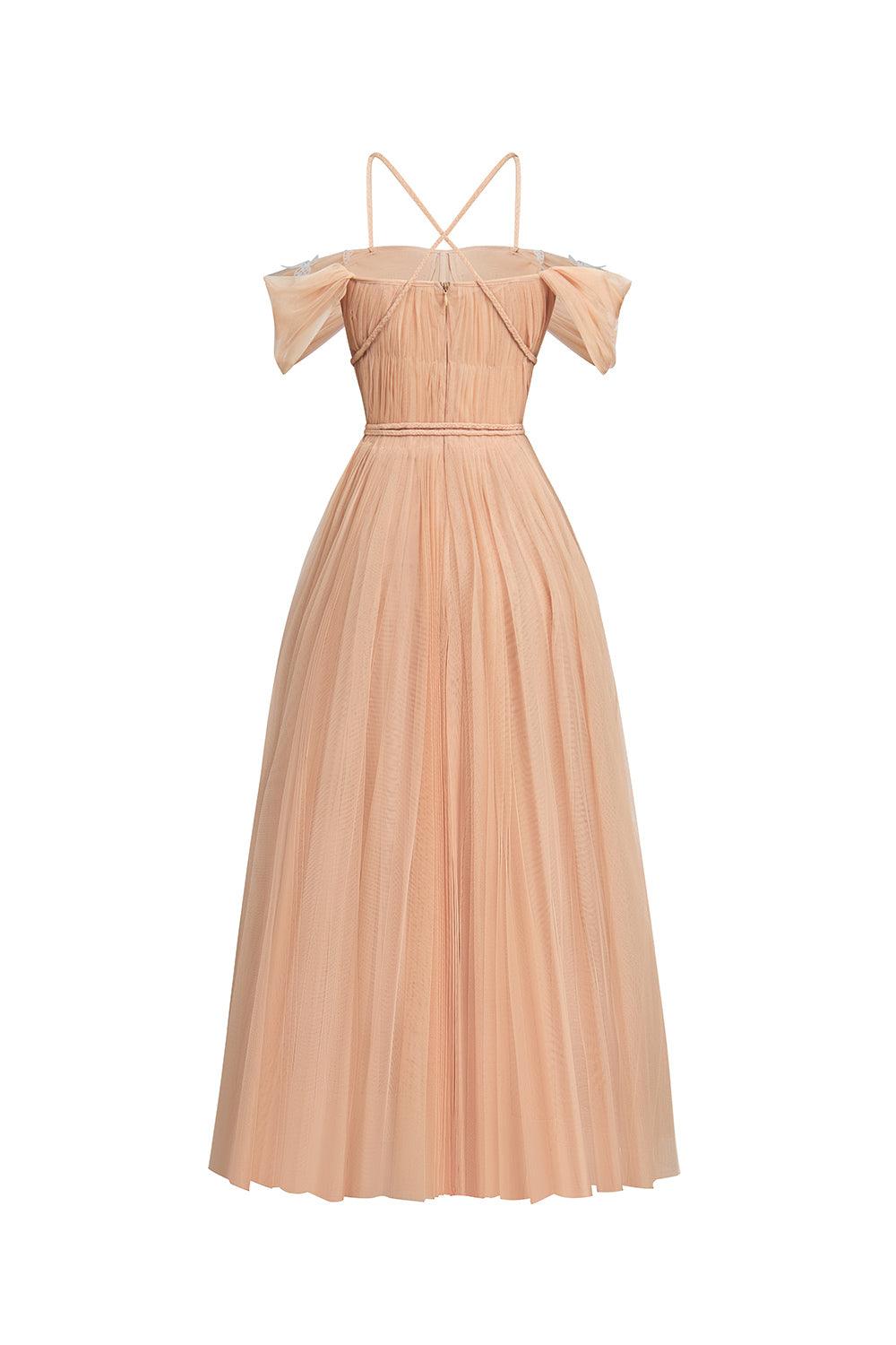 Psychelle Pleated Cold Shoulder Sleeved Mesh Midi Dress