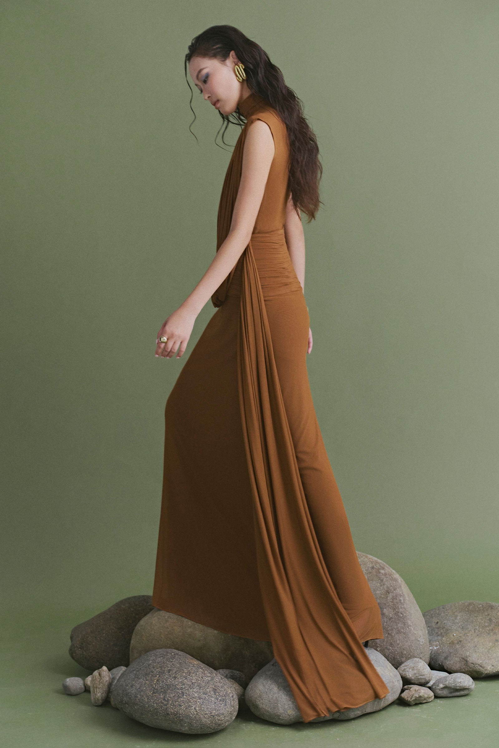 brown draped maxi dress Women's Terra Draped Maxi Dress Earth Brown S/M/L/XL/Customize MEAN BLVD
