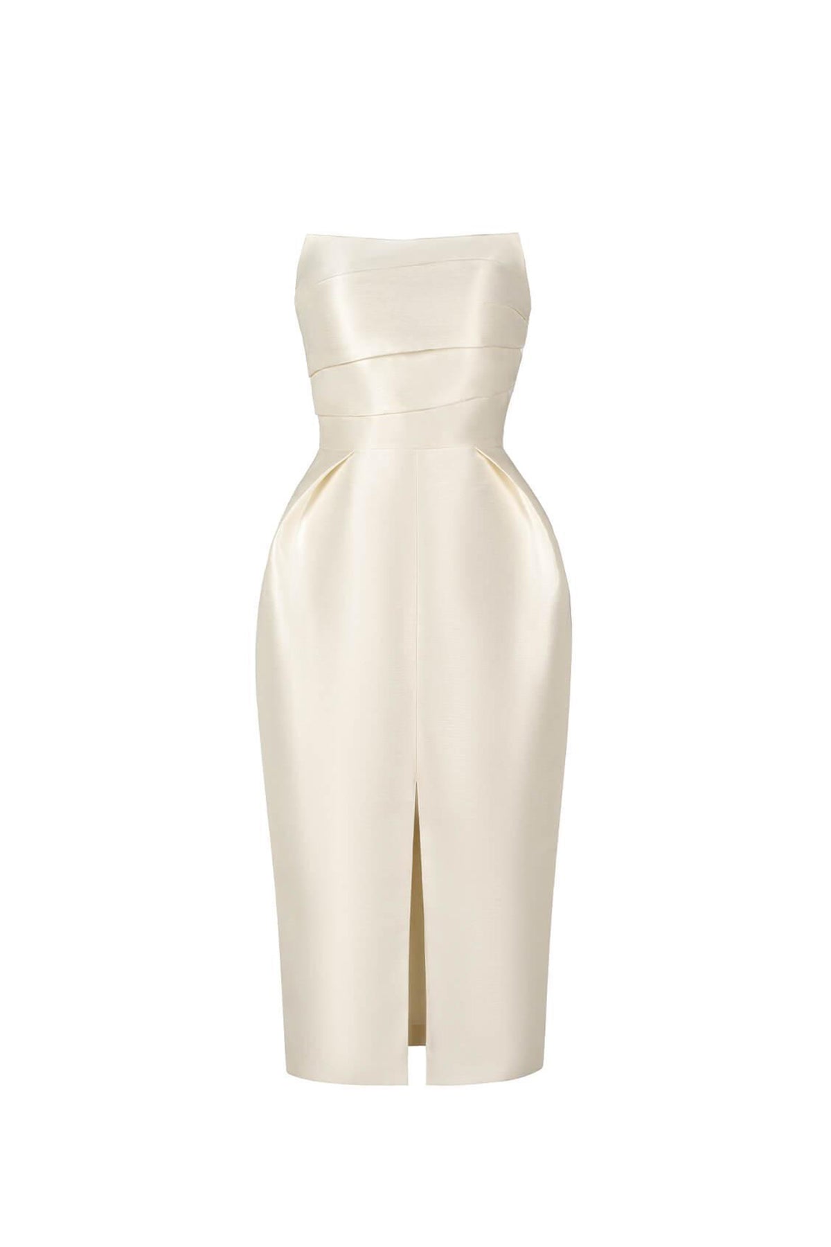Pearl Strapless Draped Glossy Taffeta Midi Dress