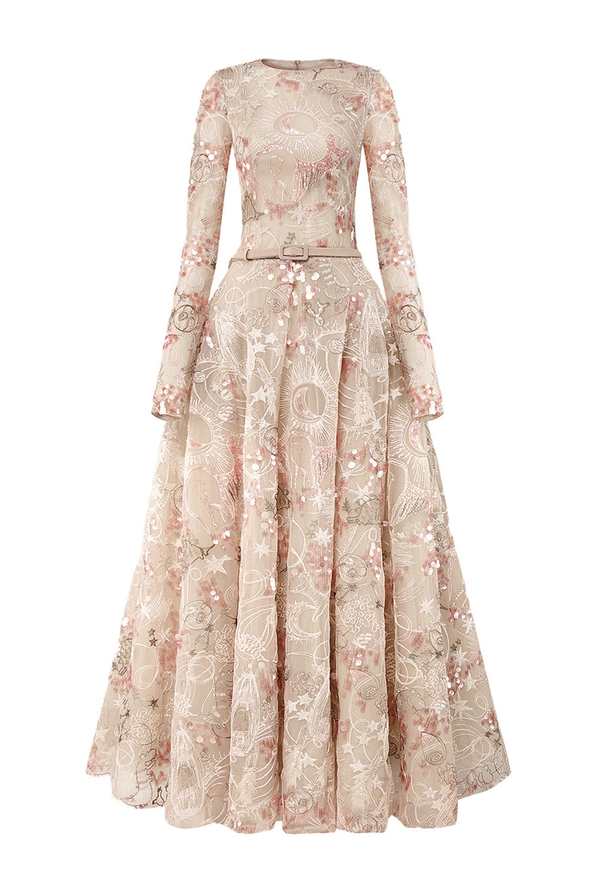 Tidal Whisper A-line Jewel Neck Embroidered Lace Maxi Dress
