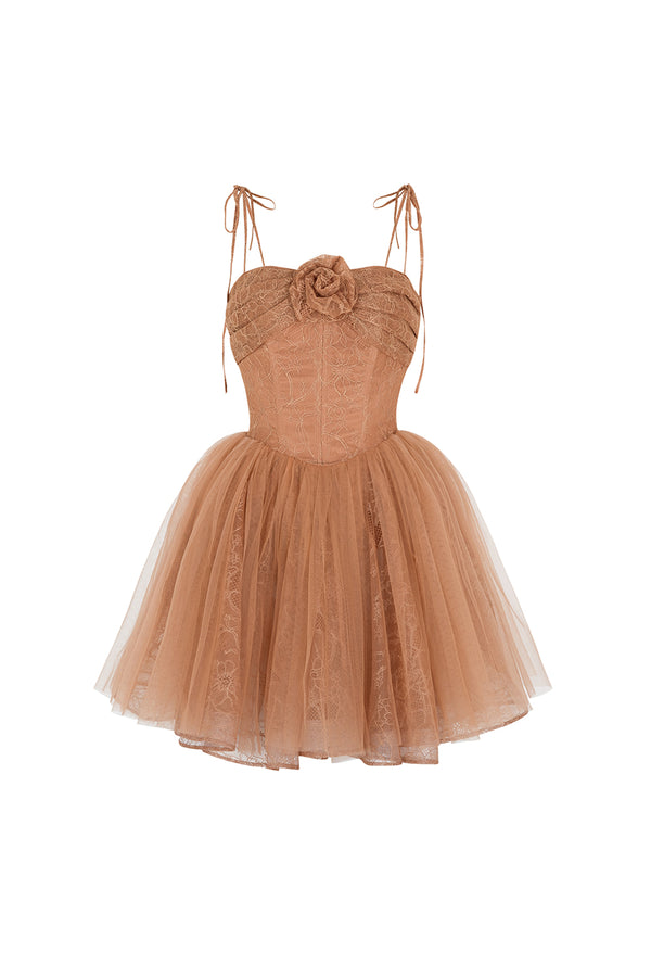 Marigold A-line Bow Tie Mesh Lace Mini Dress