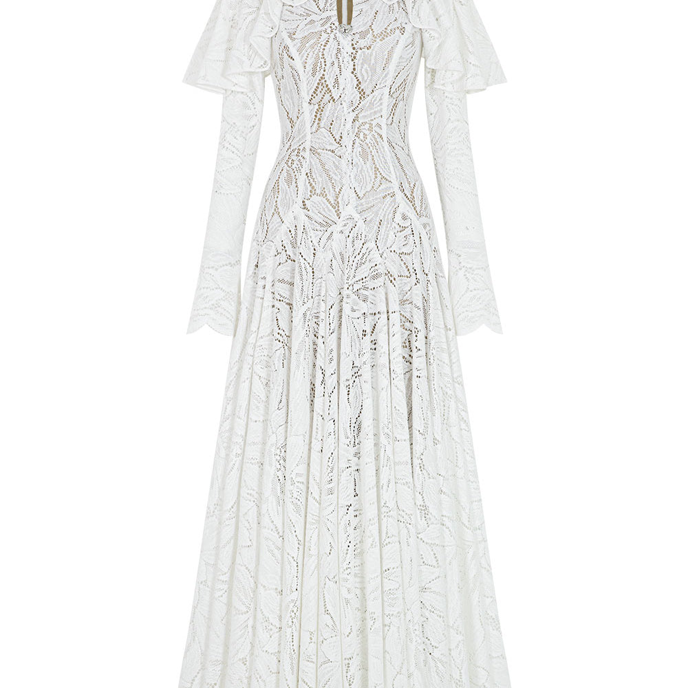 Lavina A-line Ruffle Sleeved Lace Ankle Length Dress