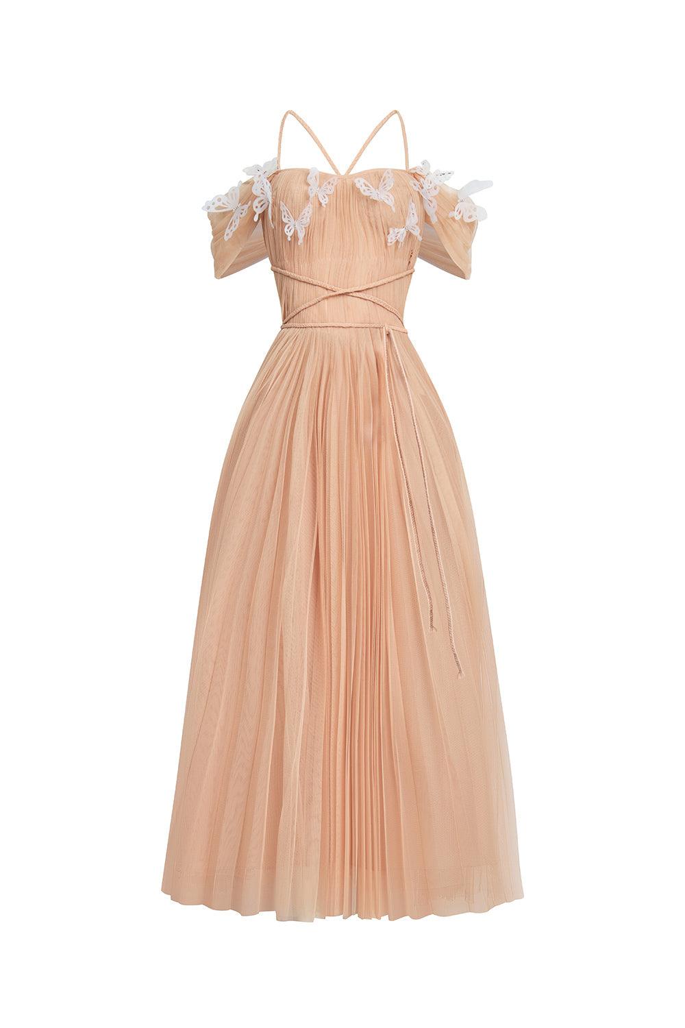 Psychelle Pleated Cold Shoulder Sleeved Mesh Midi Dress