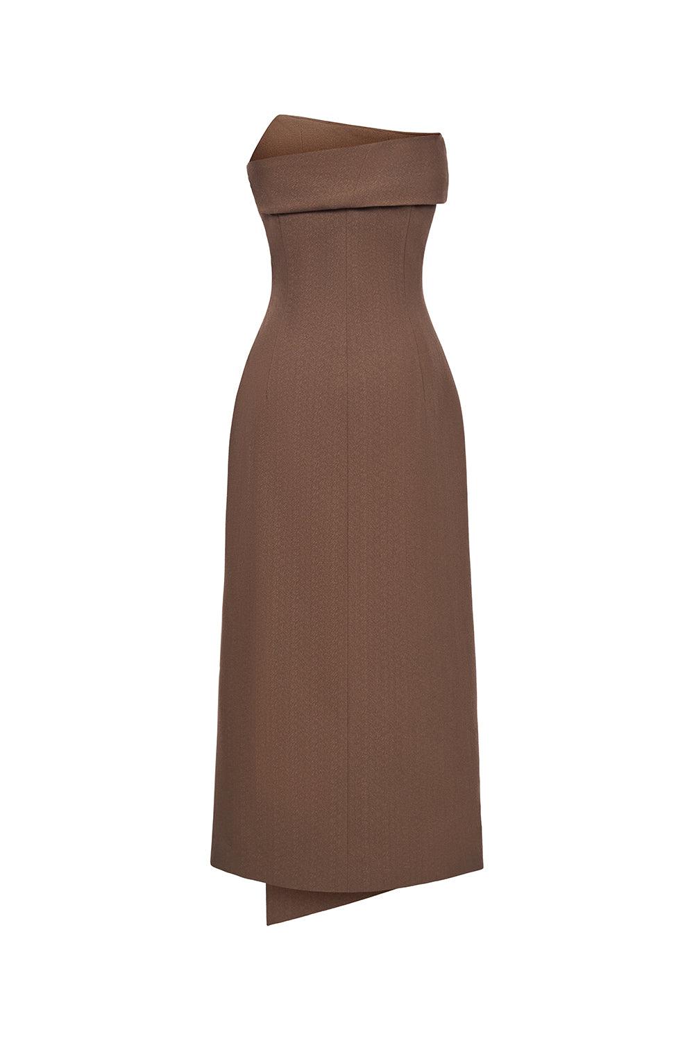 Lyra Strapless Side Slit Crepe Midi Dress