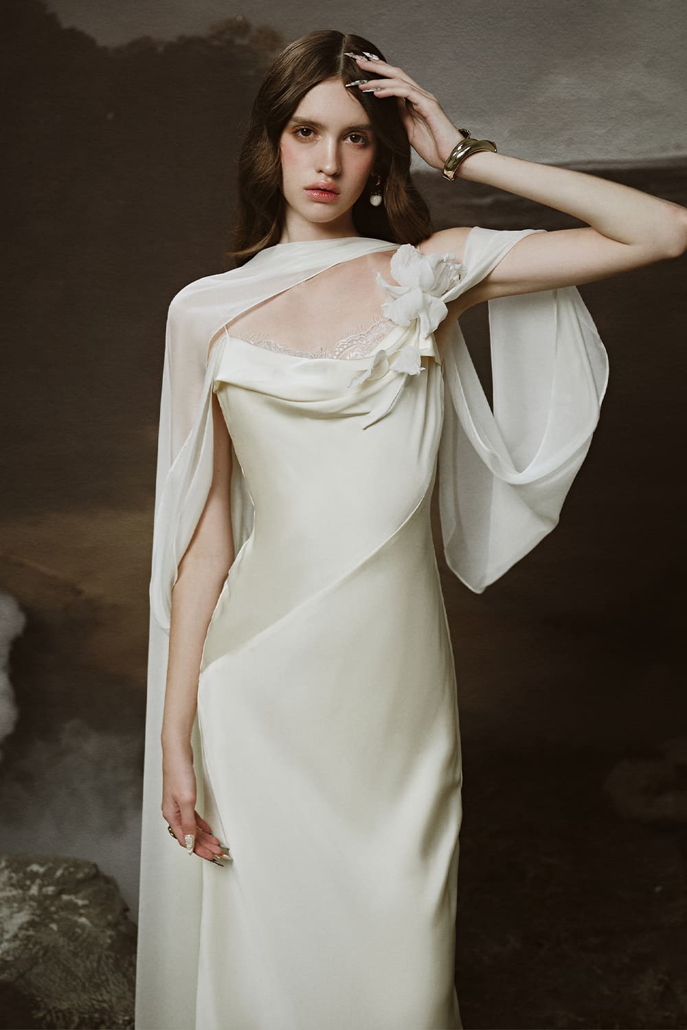 Mirena A-line Cowl Neck Silk Satin Floor Length Dress