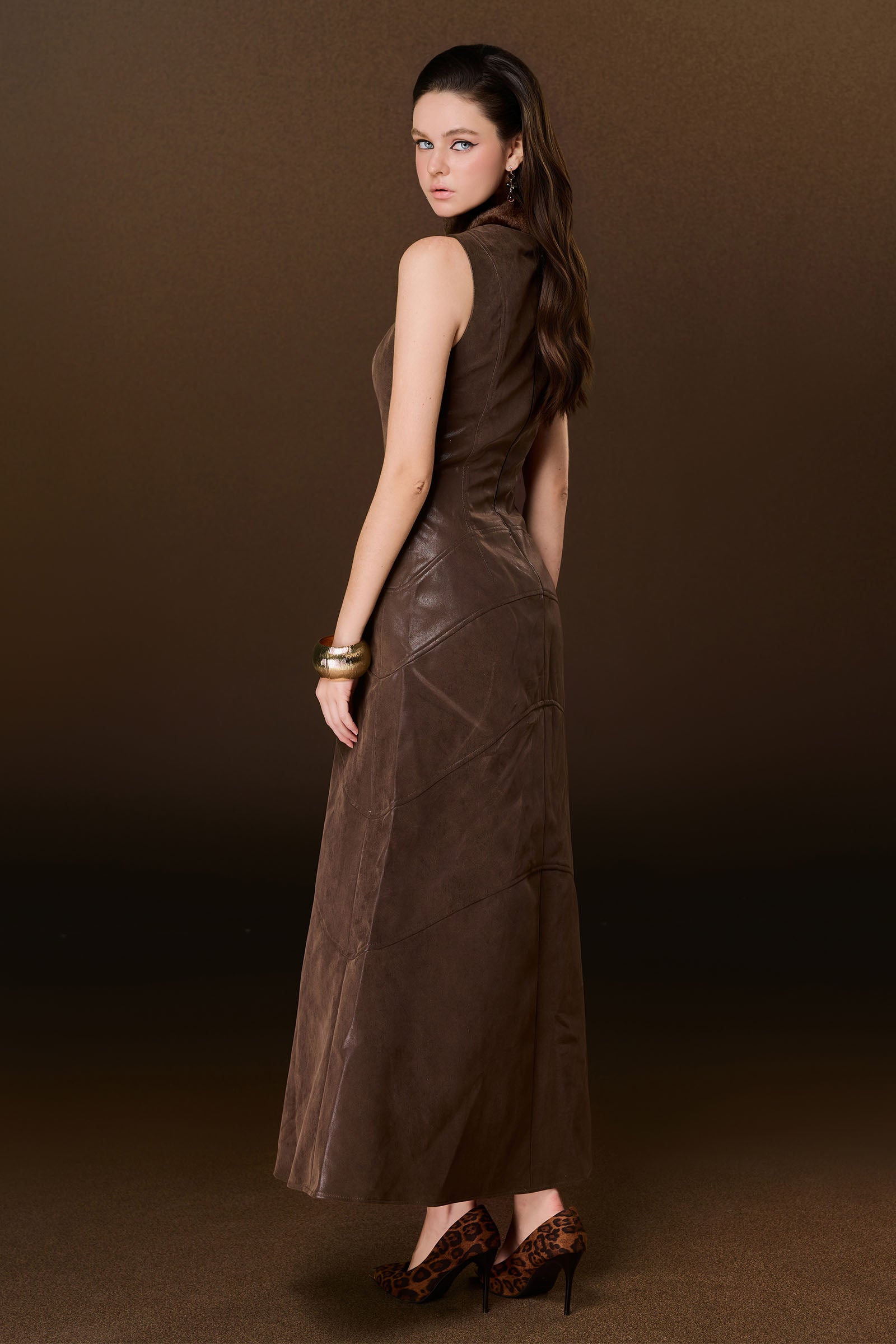 leather a line midi dress Women's Something to Behold Brown Faux Leather Short Sleeve Belted Midi Dress | Size: L