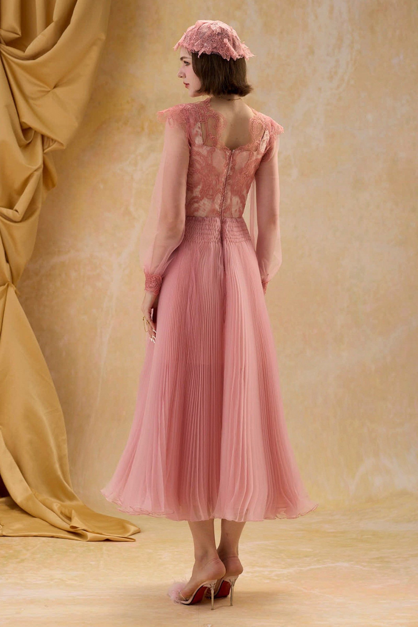 Helena Bishop Sleeve Pleated Midi Dress