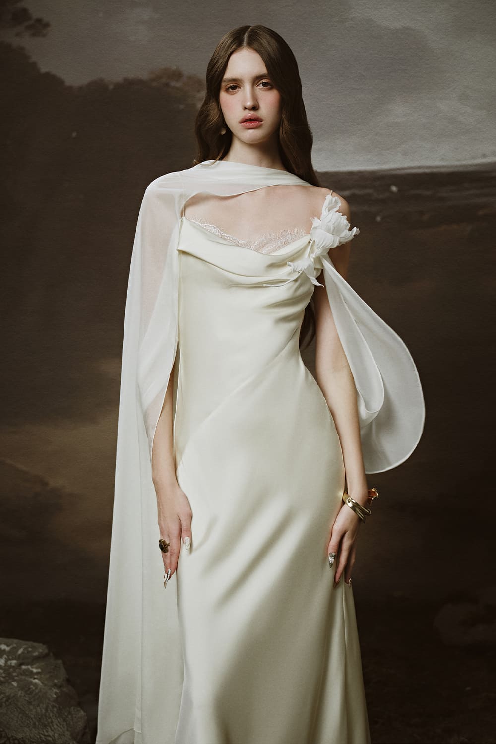 Mirena A-line Cowl Neck Silk Satin Floor Length Dress