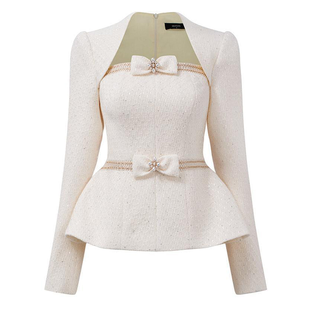 Maddy Peplum Queen Anne Neck Tweed Top