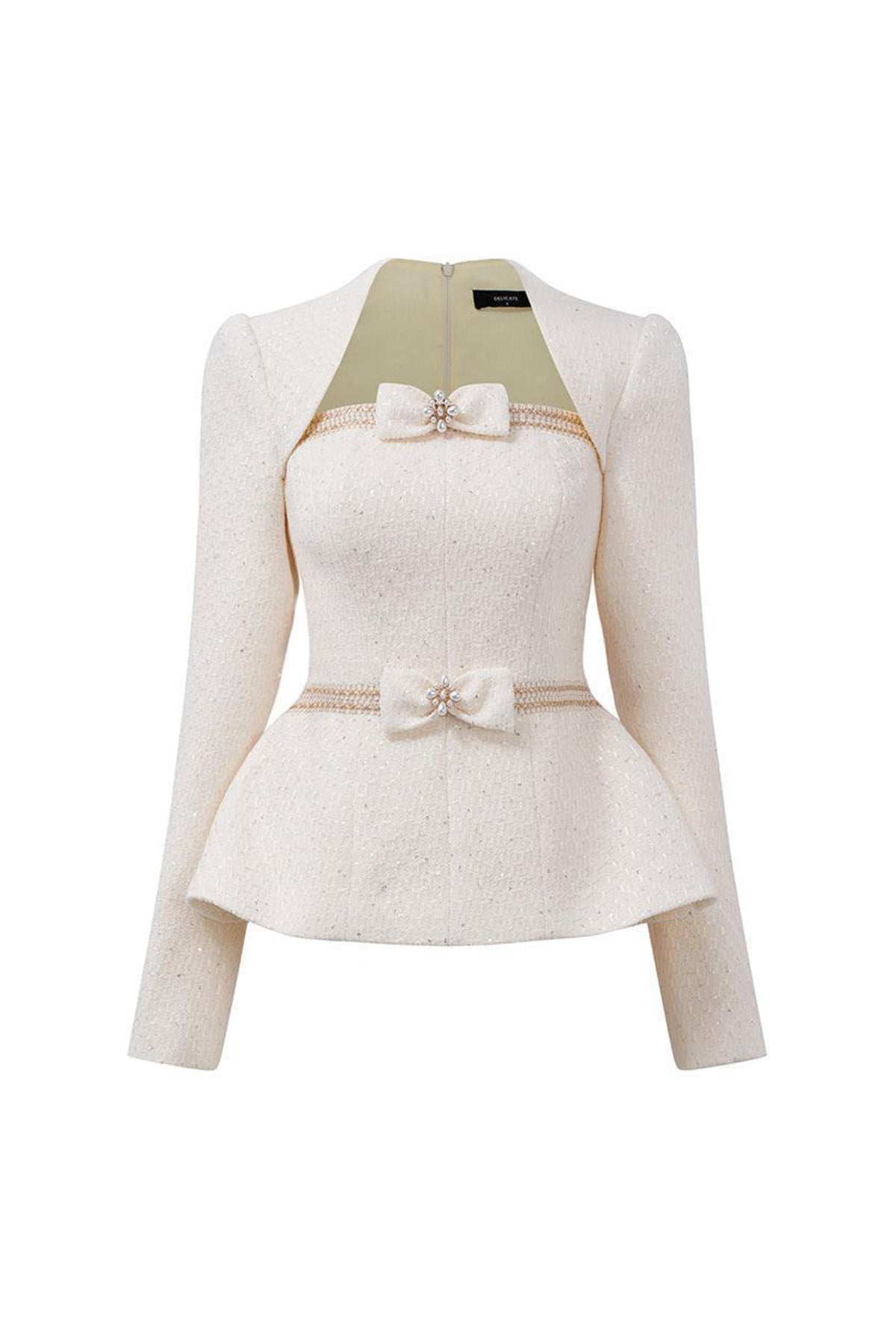 Maddy Peplum Queen Anne Neck Tweed Top
