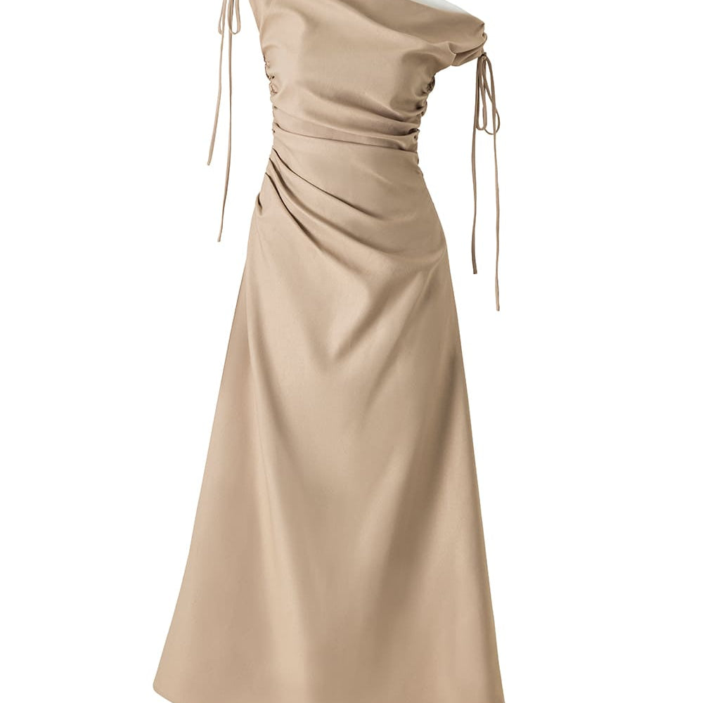 Linea A-line Asymmetric Neck Khaki Calf Length Dress