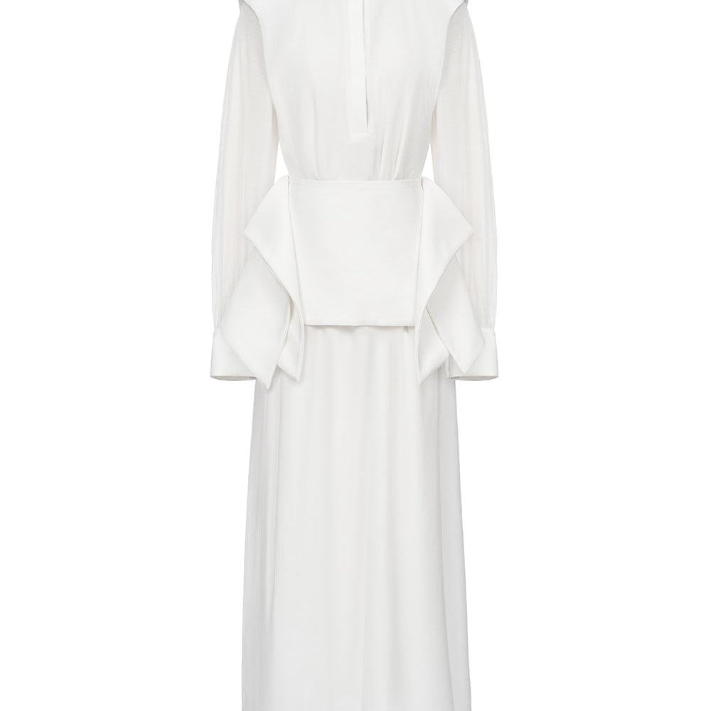 Ophelia Peplum Cuff Sleeved Crinkle Chiffon Ankle Length Dress