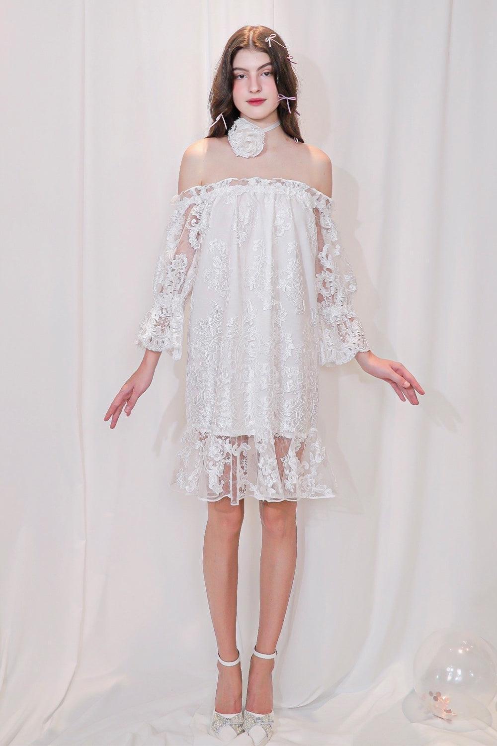Romy Straight Off-Shoulder Lace Above The Knee Dress - MEAN BLVD
