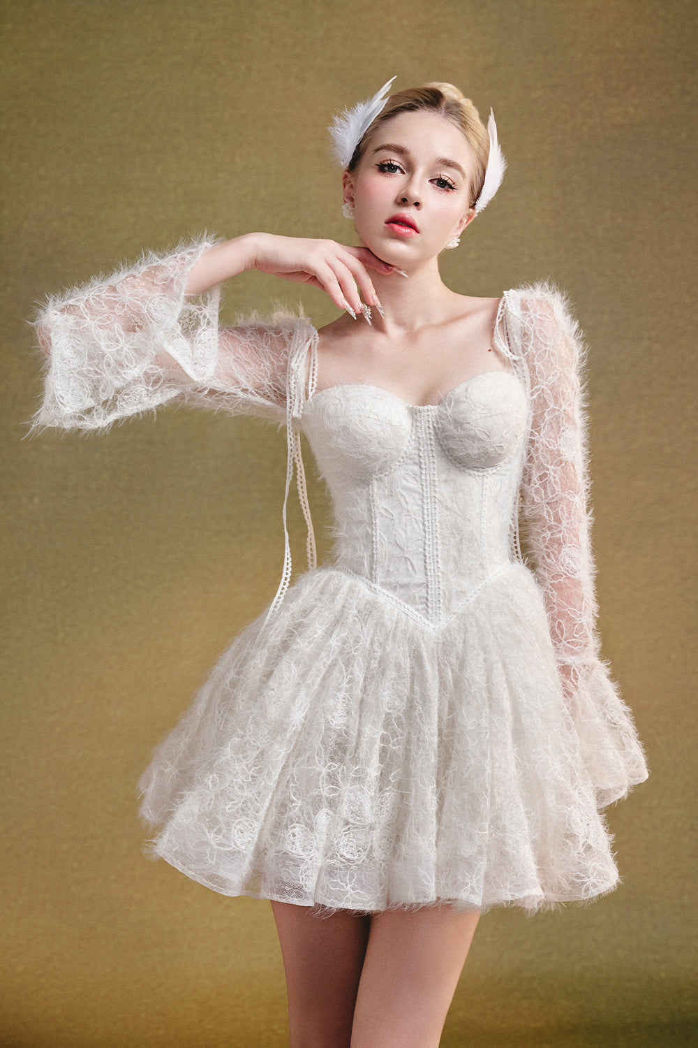 white bell sleeve mini dress Suzanne Appliqu Do Not Iron Women's Clover Bell Sleeve Gathering