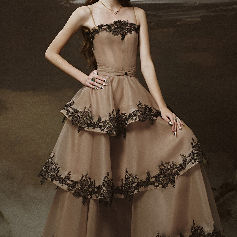 Roma Tiered Corset Waist Organza Ankle Length Dress