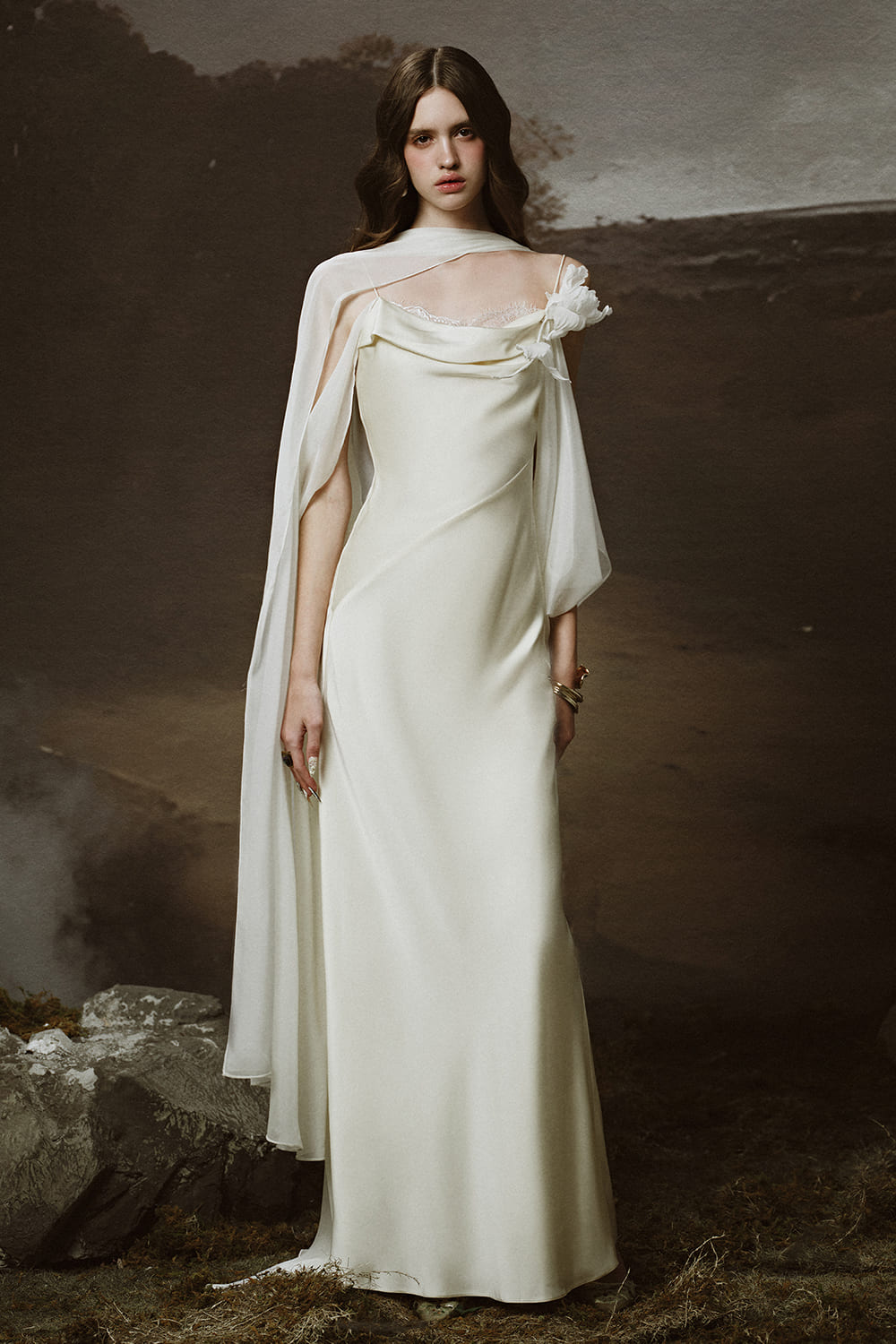 Mirena A-line Cowl Neck Silk Satin Floor Length Dress