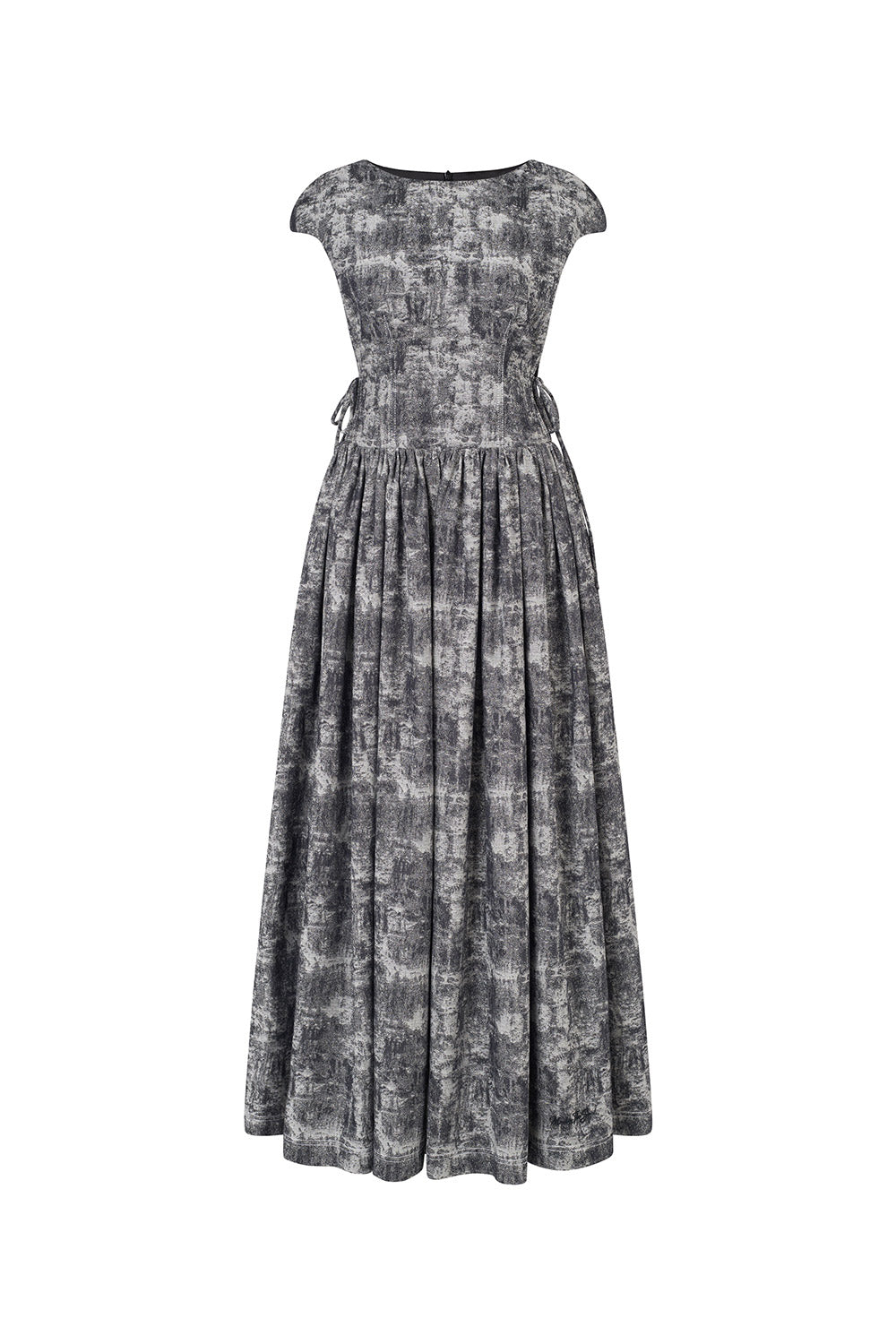Daria Gathered Cap Sleeved Cotton Jacquard Ankle Length Dress Customize / Smoky Grey / Printed