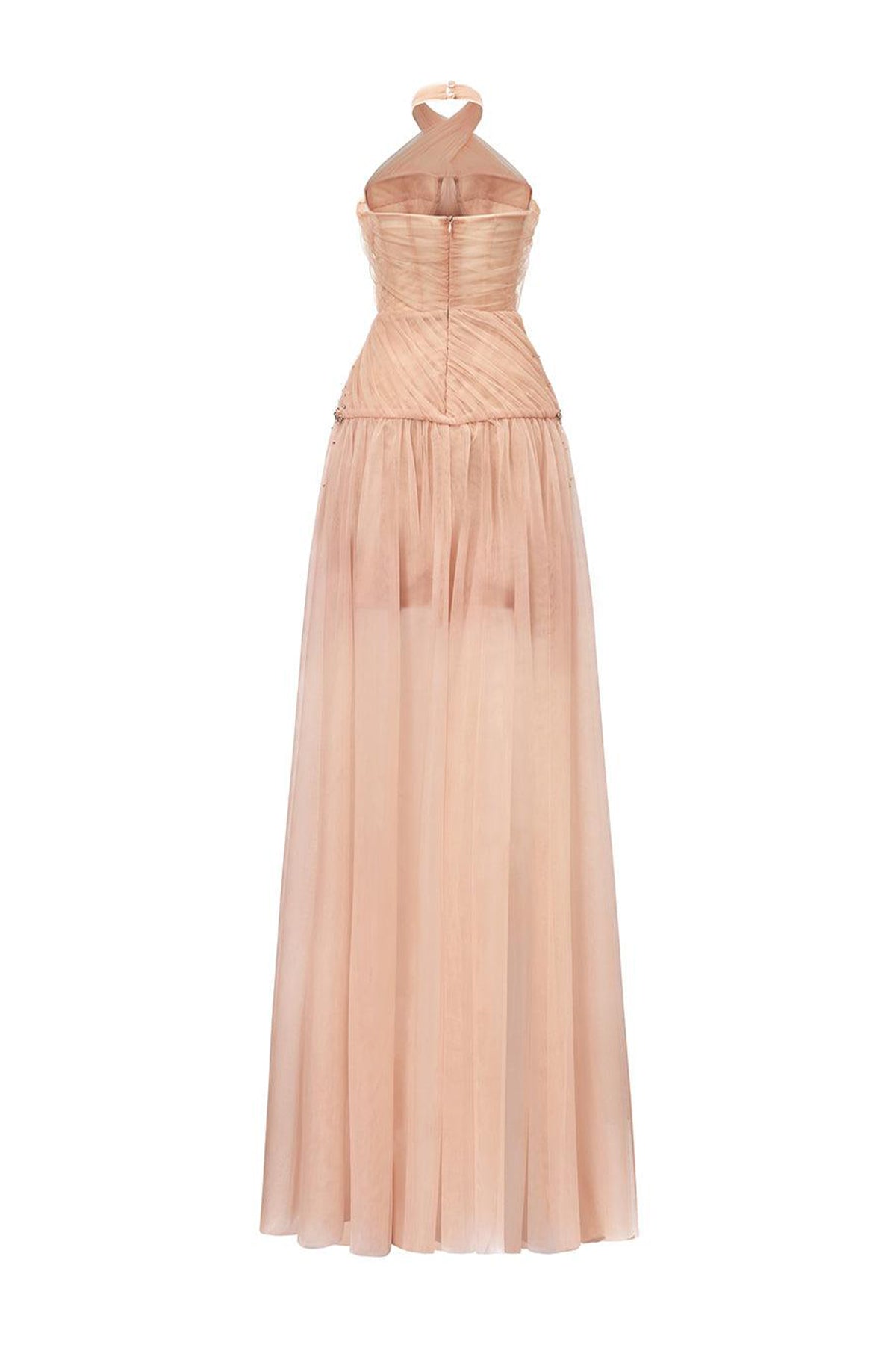 Uranette Gathered Criss Cross Neck Mesh Floor Length Dress