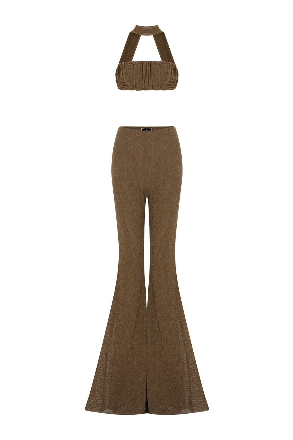 Paris Fit and Flare Open Shoulder Mesh Floor Length Set