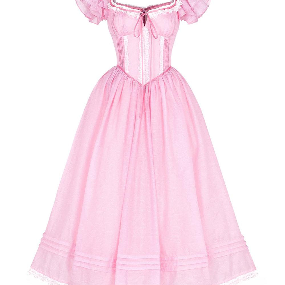 Camellia Fit and Flare Flutter Sleeved Mesh Silk Midi Dress