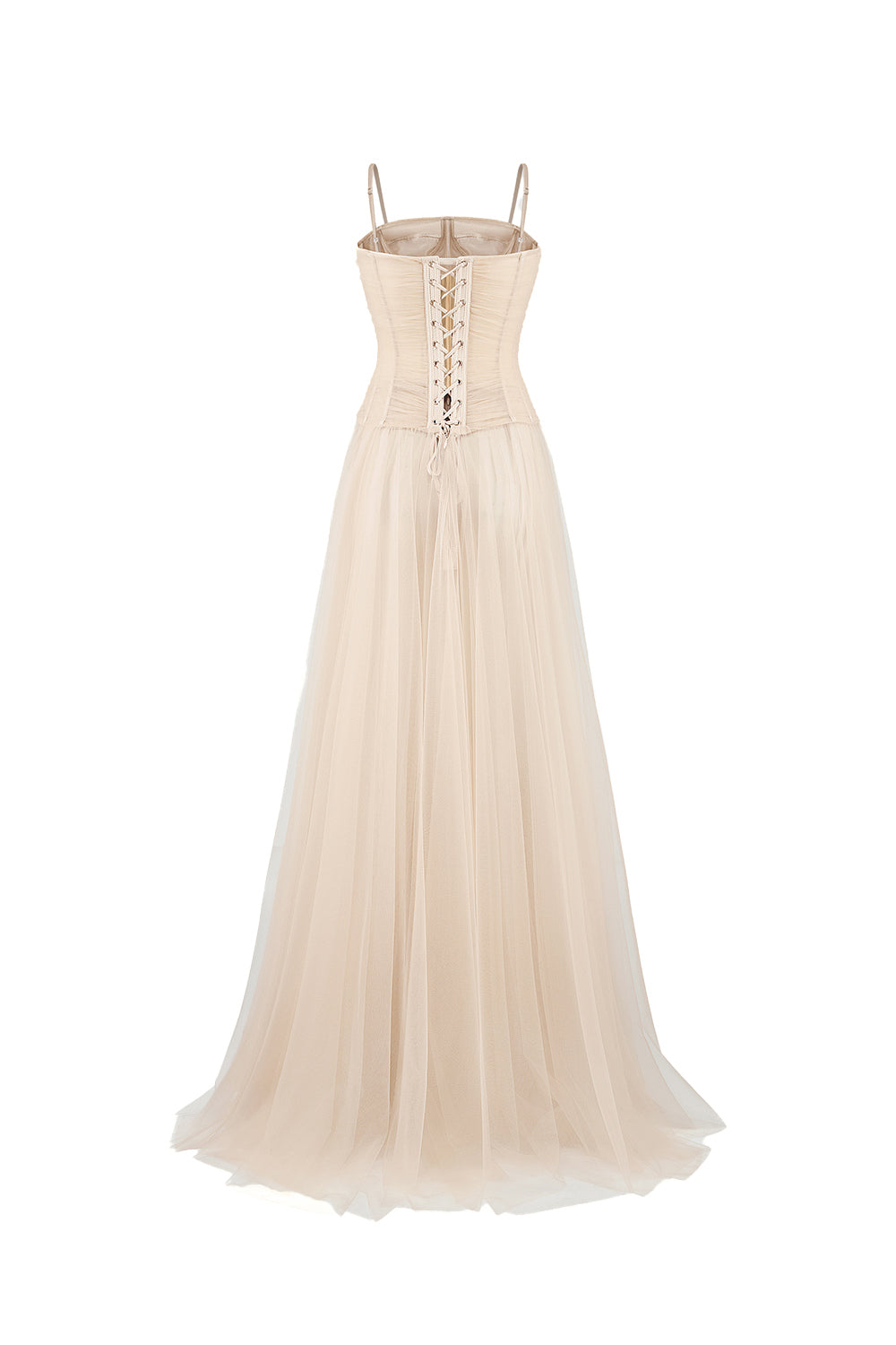 Halo Fit and Flare Spaghetti Strap Mesh Floor Length Dress