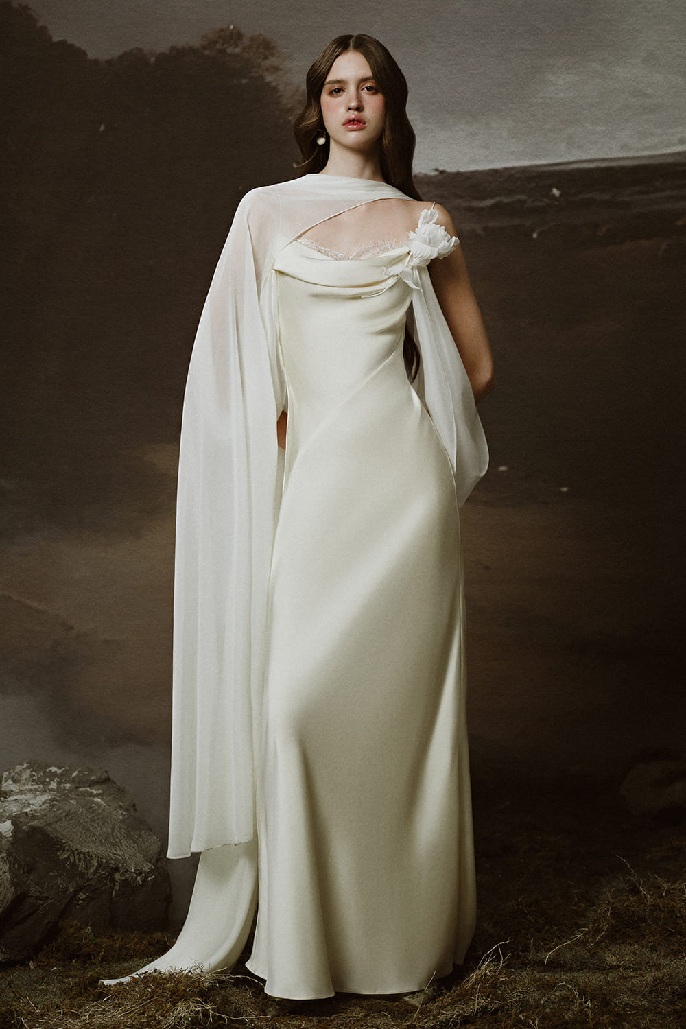 Mirena A-line Cowl Neck Silk Satin Floor Length Dress