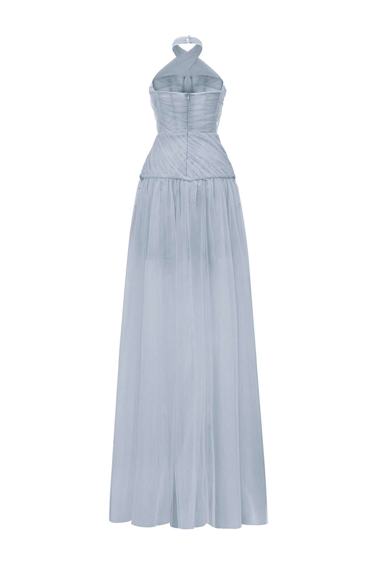 Uranette Gathered Criss Cross Neck Mesh Floor Length Dress