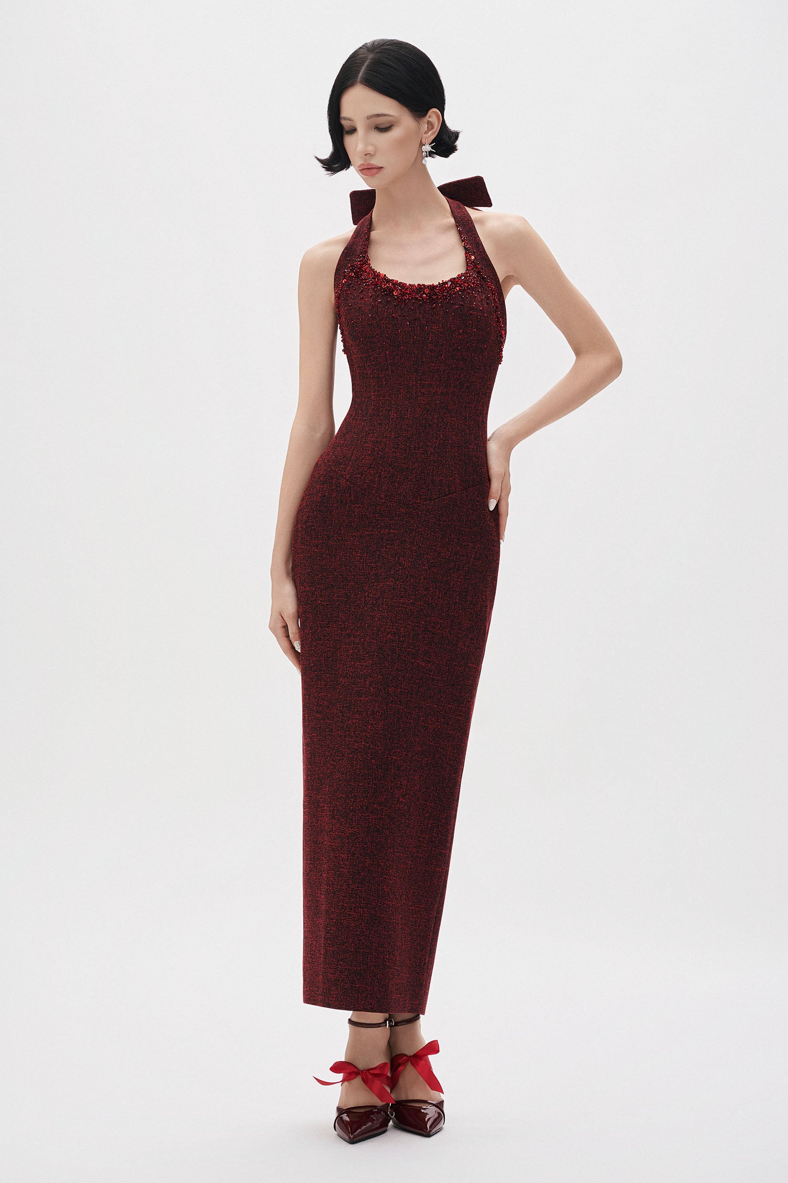 Women's Scarlet Halter Maxi Dress Burgundy S/M/L/XL/Customize MEAN BLVD Burgundy / M