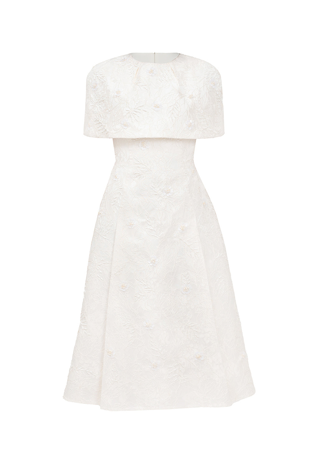Sophia A-line Cape Shoulder Jacquard Calf Length Dress Ivory / XL