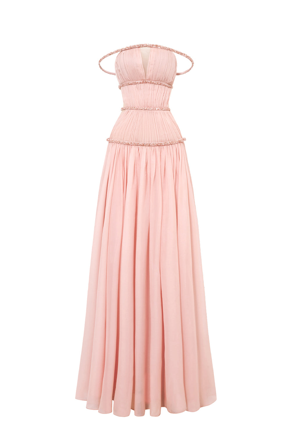 Stellara Fit and Flare Gathered Mesh Silk Maxi Dress Baby Pink / S
