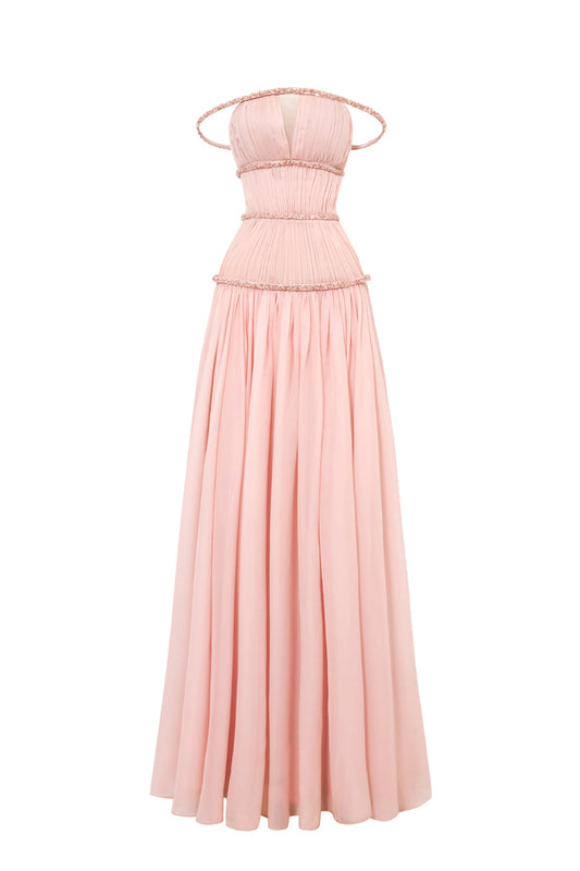 Stellara Fit and Flare Gathered Mesh Silk Maxi Dress