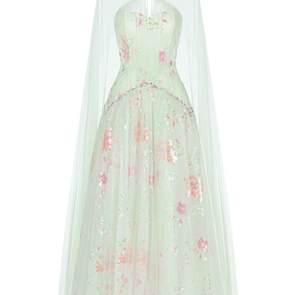 Jarfin A-line Cape Shoulder Tulle Midi Dress