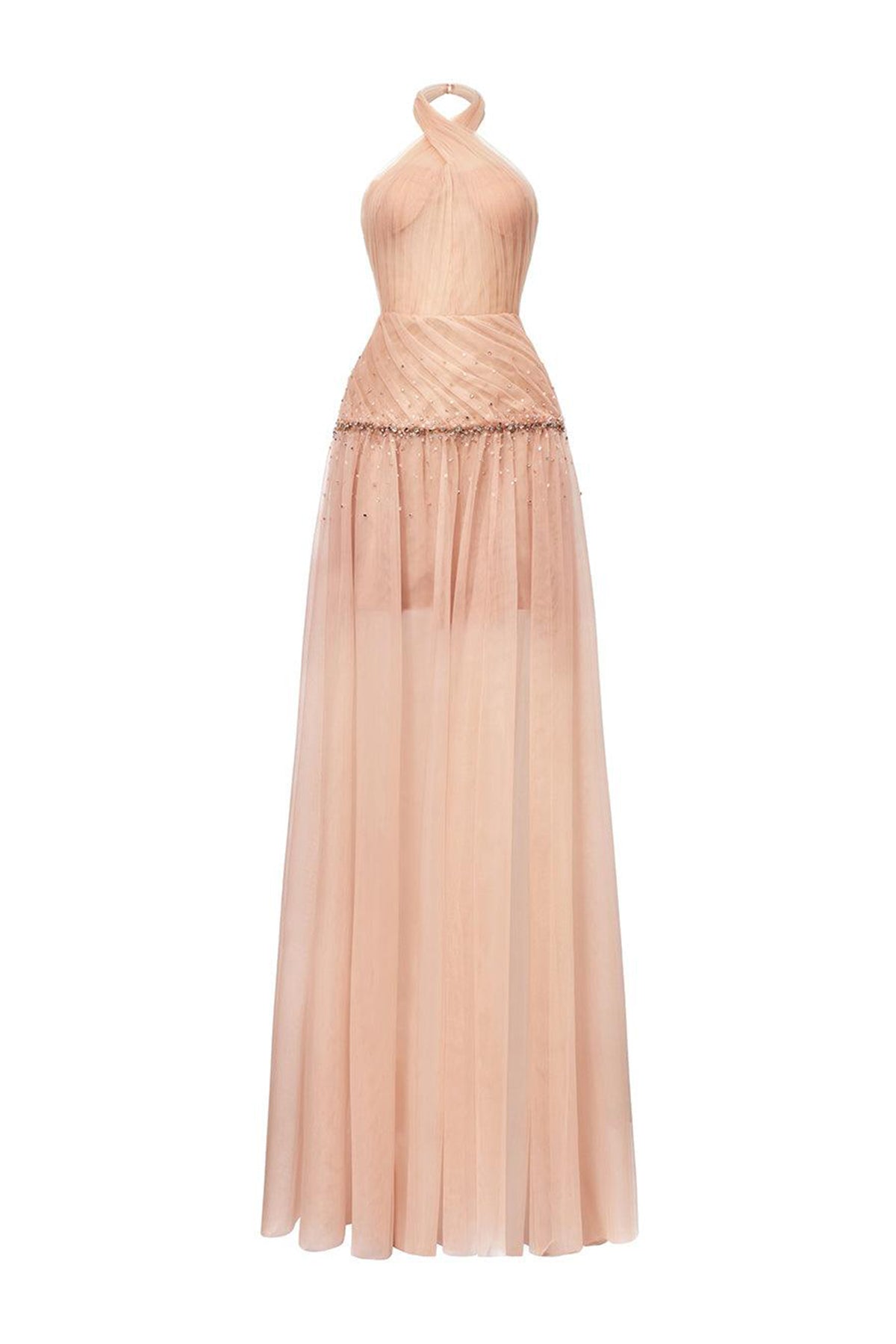 Uranette Gathered Criss Cross Neck Mesh Floor Length Dress