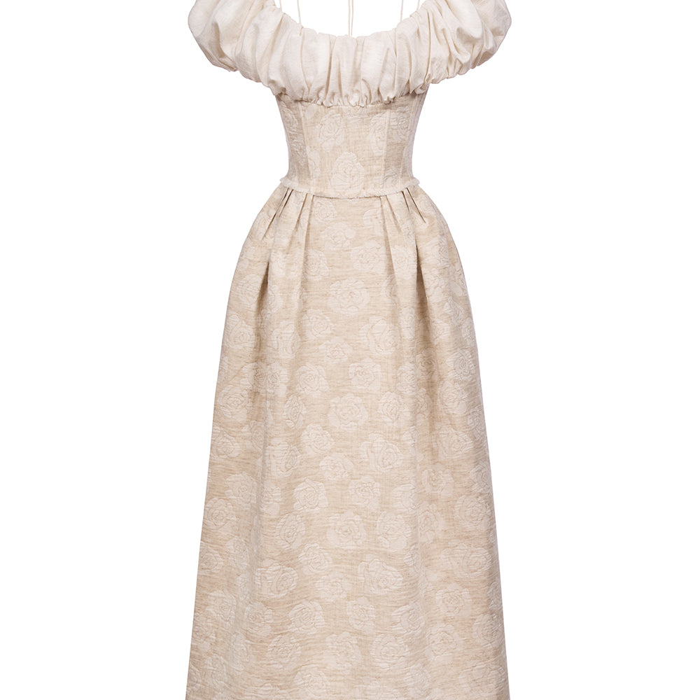 Women's Evelyn A-Line Corset Waist Linen Midi Dress S/M/L/XL/Customize Beige Floral Mean Blvd S / Beige / Floral Women's Evelyn A-Line Corset Waist Linen Midi Dress S/M/L/XL/Customize Beige Floral Mean Blvd S / Beige / Floral