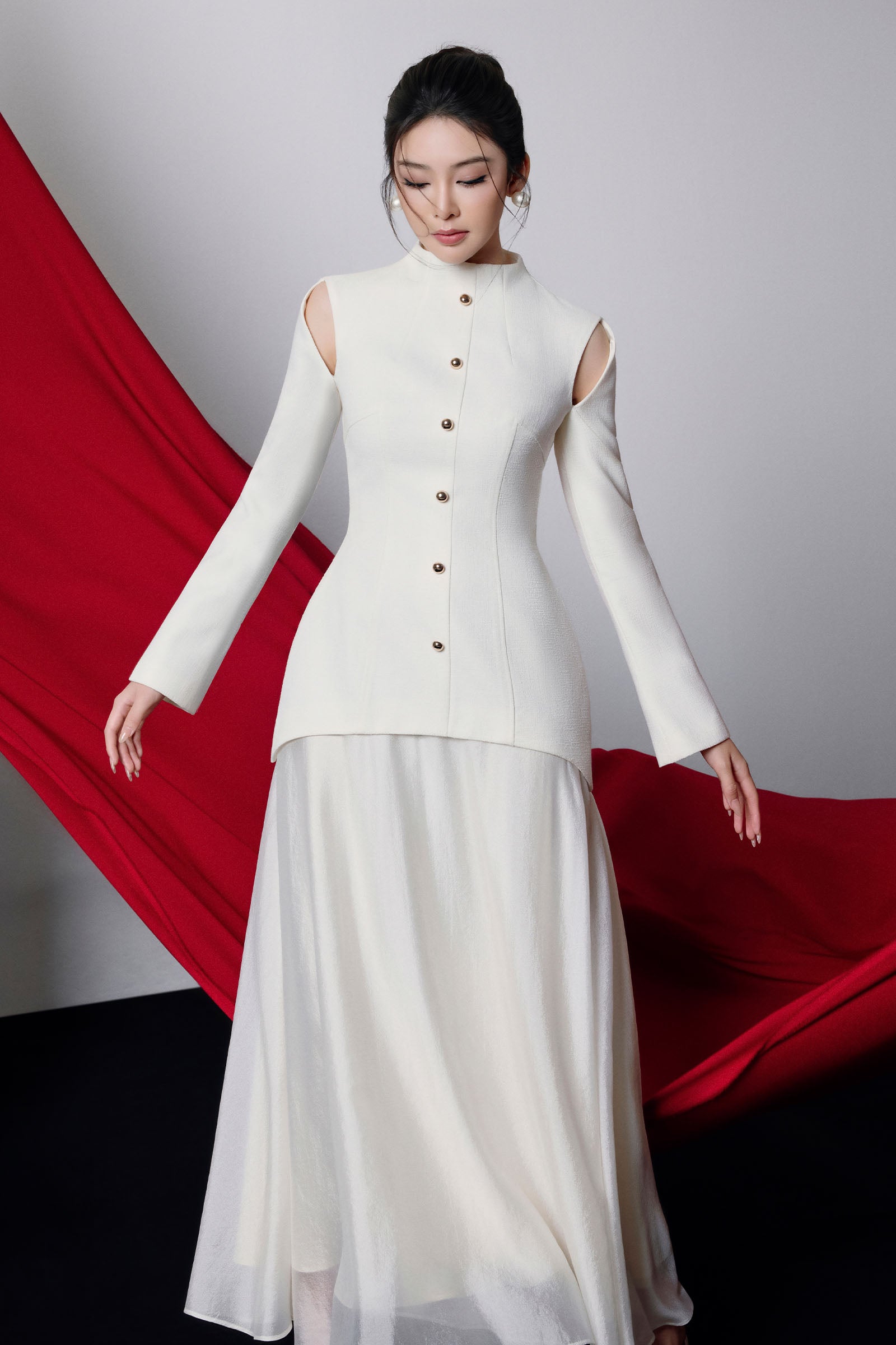 Maya Cold Shoulder Sleeve Button Midi Dress