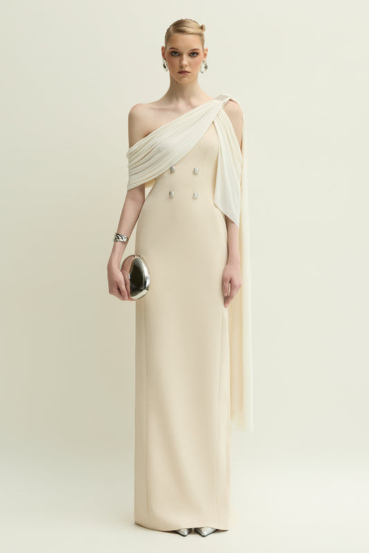 Roseberry Asymmetric Neck Button Maxi Dress
