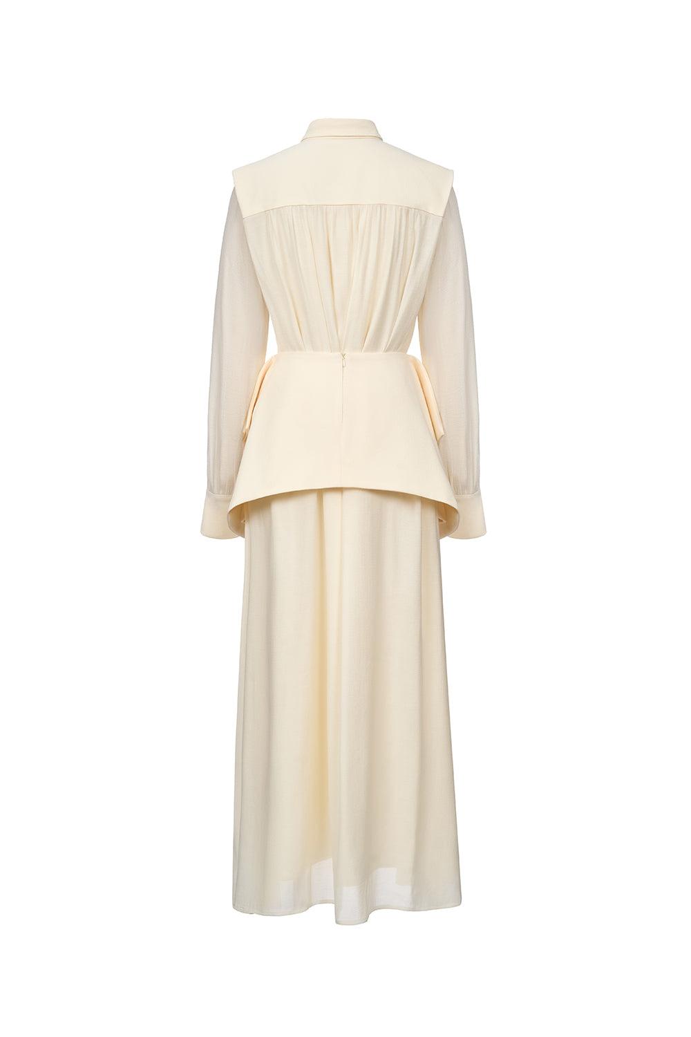 Ophelia Peplum Cuff Sleeved Crinkle Chiffon Ankle Length Dress