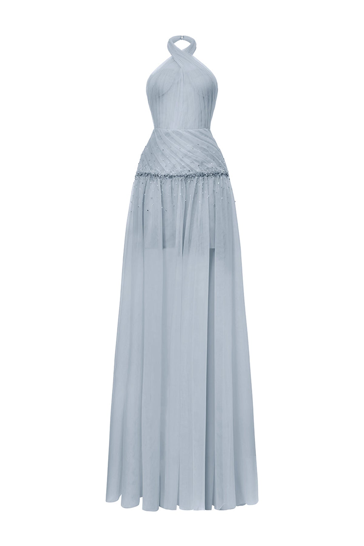 Uranette Gathered Criss Cross Neck Mesh Floor Length Dress