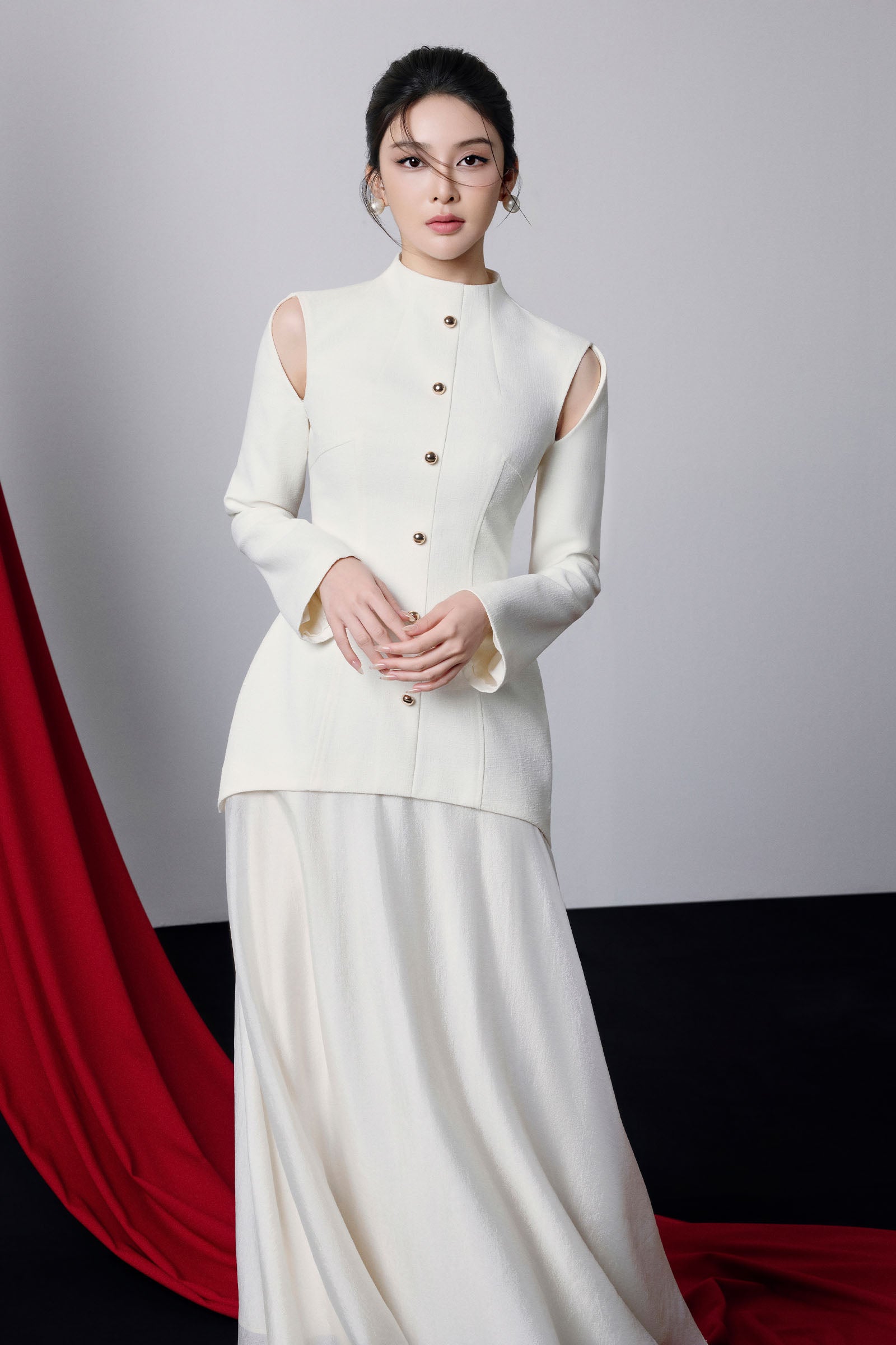 Maya Cold Shoulder Sleeve Button Midi Dress