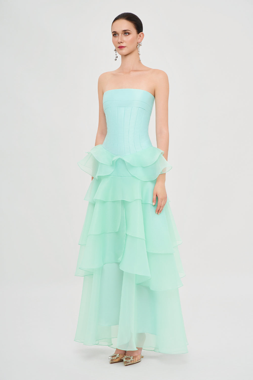 Cascade Straight Across Ruffle Maxi Dress