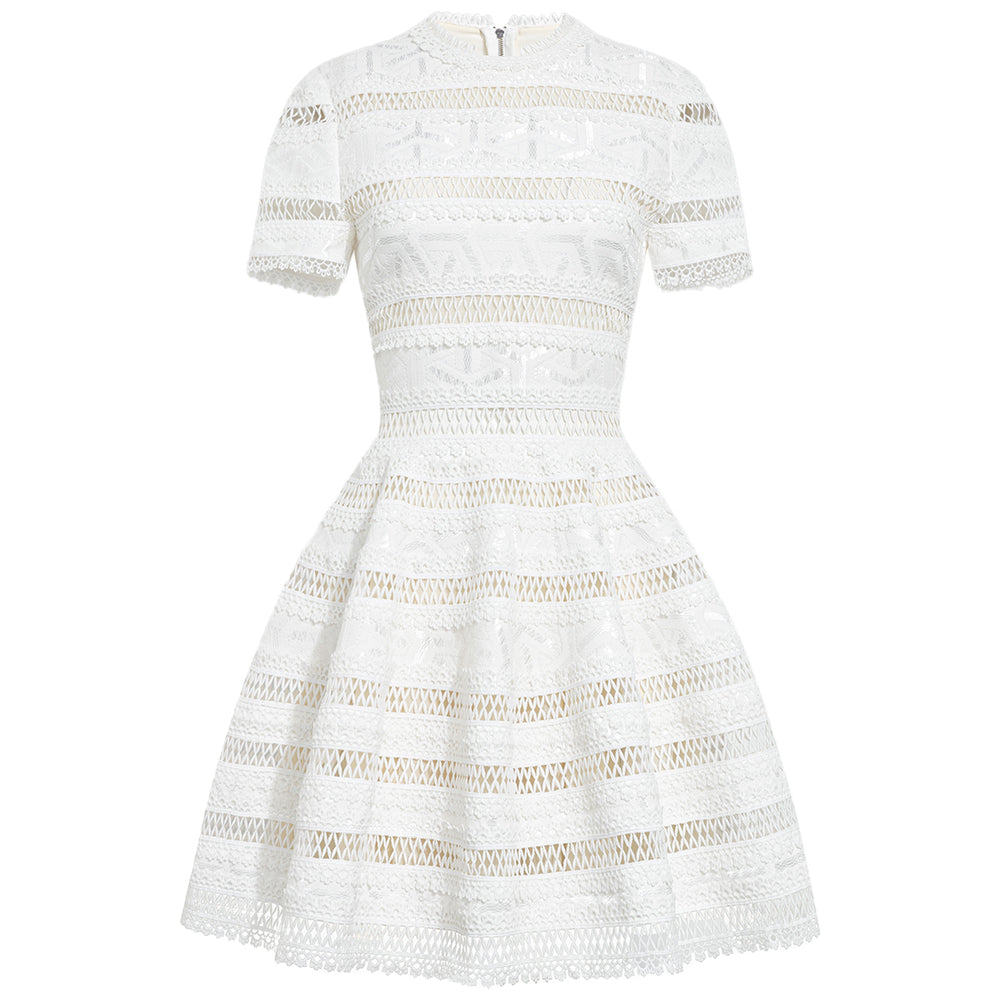 Cascading A-line Short Sleeved Lace Mini Dress
