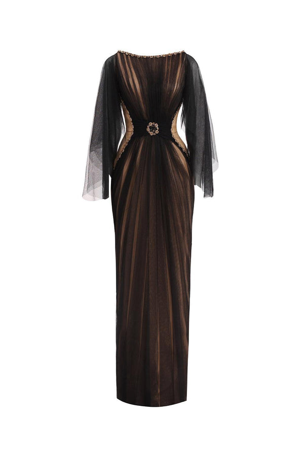 Pierce Pegged Boat Neck Mesh Silk Floor Length Dress - MEAN BLVD