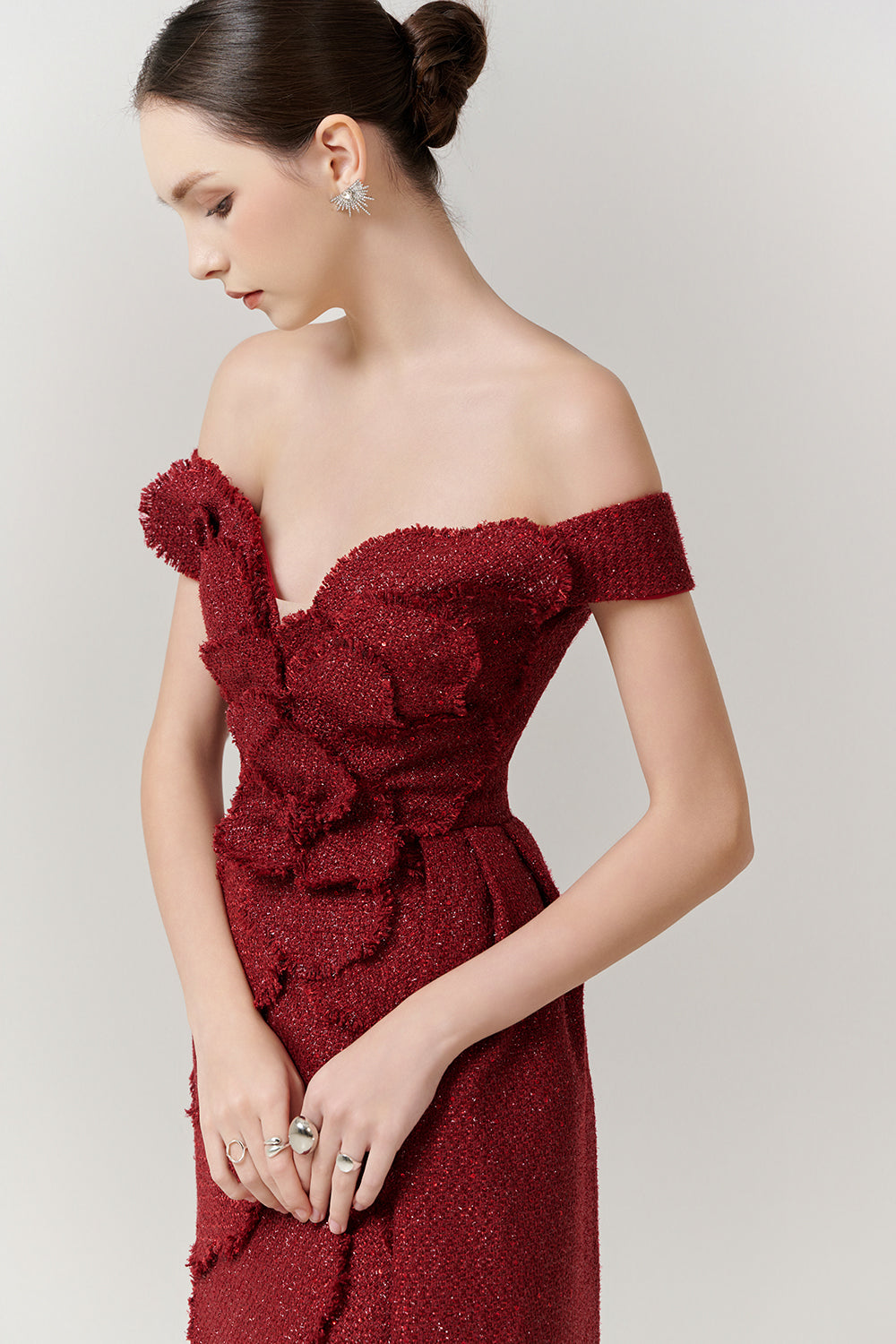 off the shoulder rosette dress Navy Off Shoulder Bell Sleeve Rosette Gown