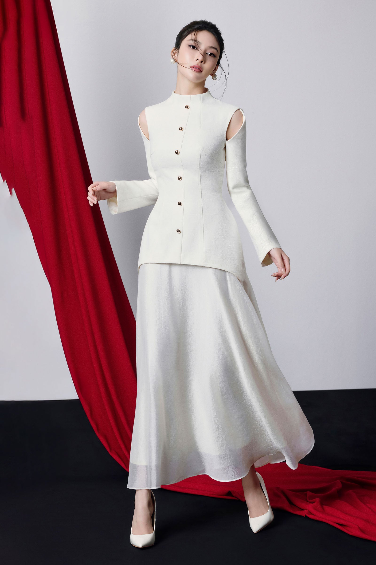 Maya Cold Shoulder Sleeve Button Midi Dress