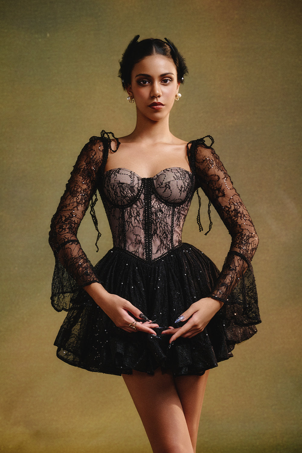 Clover Bell Sleeve Gathering Mini Dress