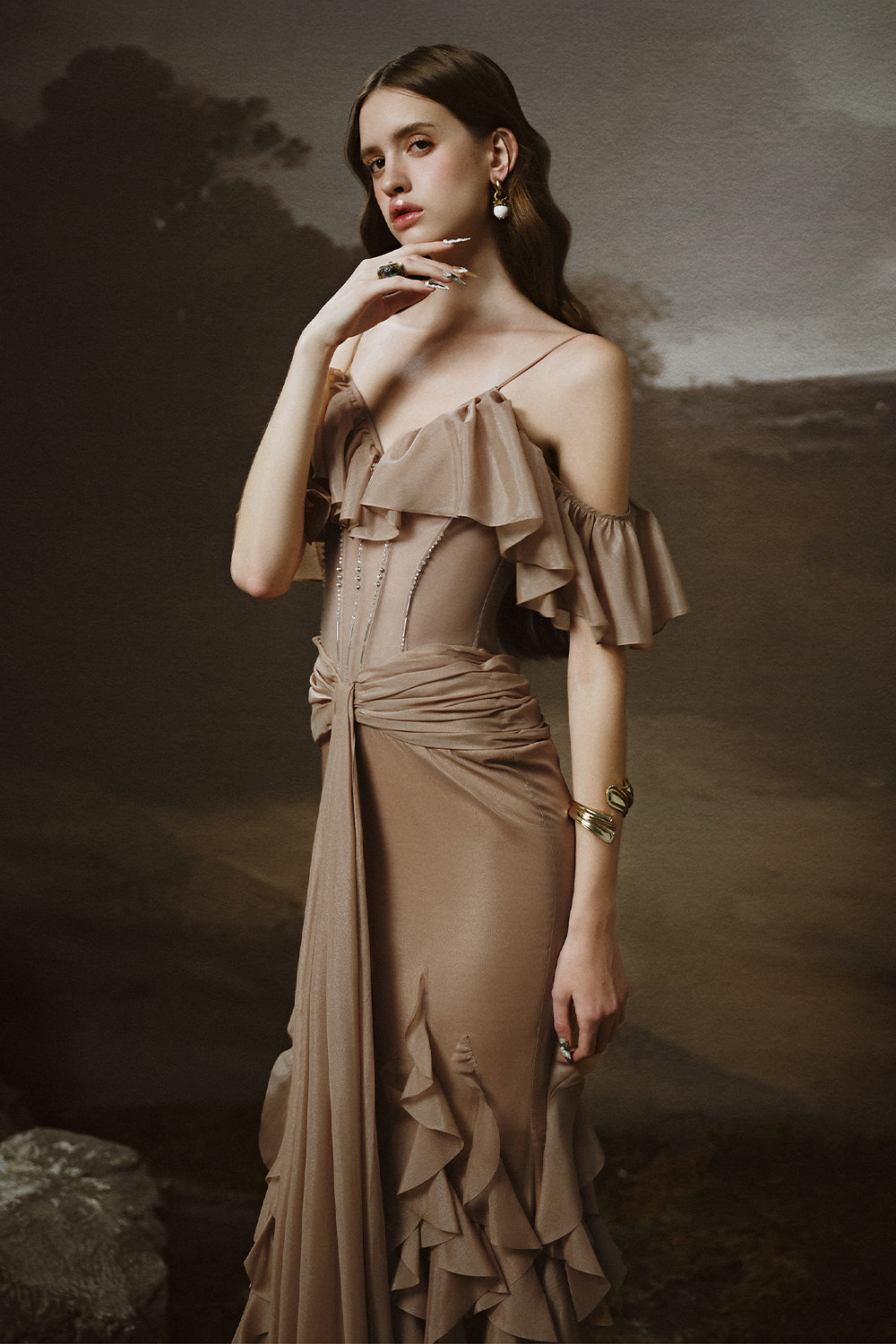 Gaia Sarong Ruffle Layer Chiffon Ankle Length Dress