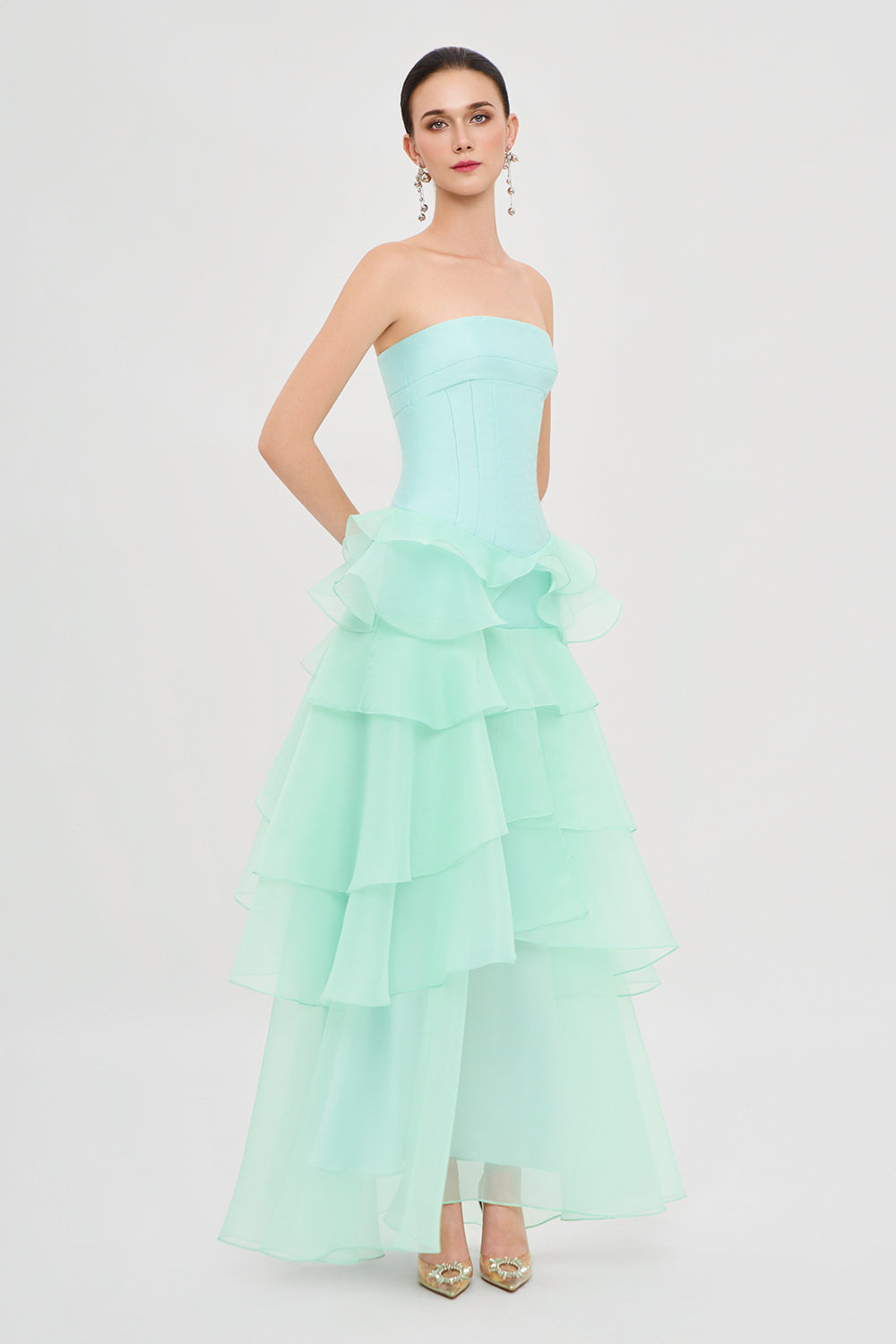 Cascade Straight Across Ruffle Maxi Dress