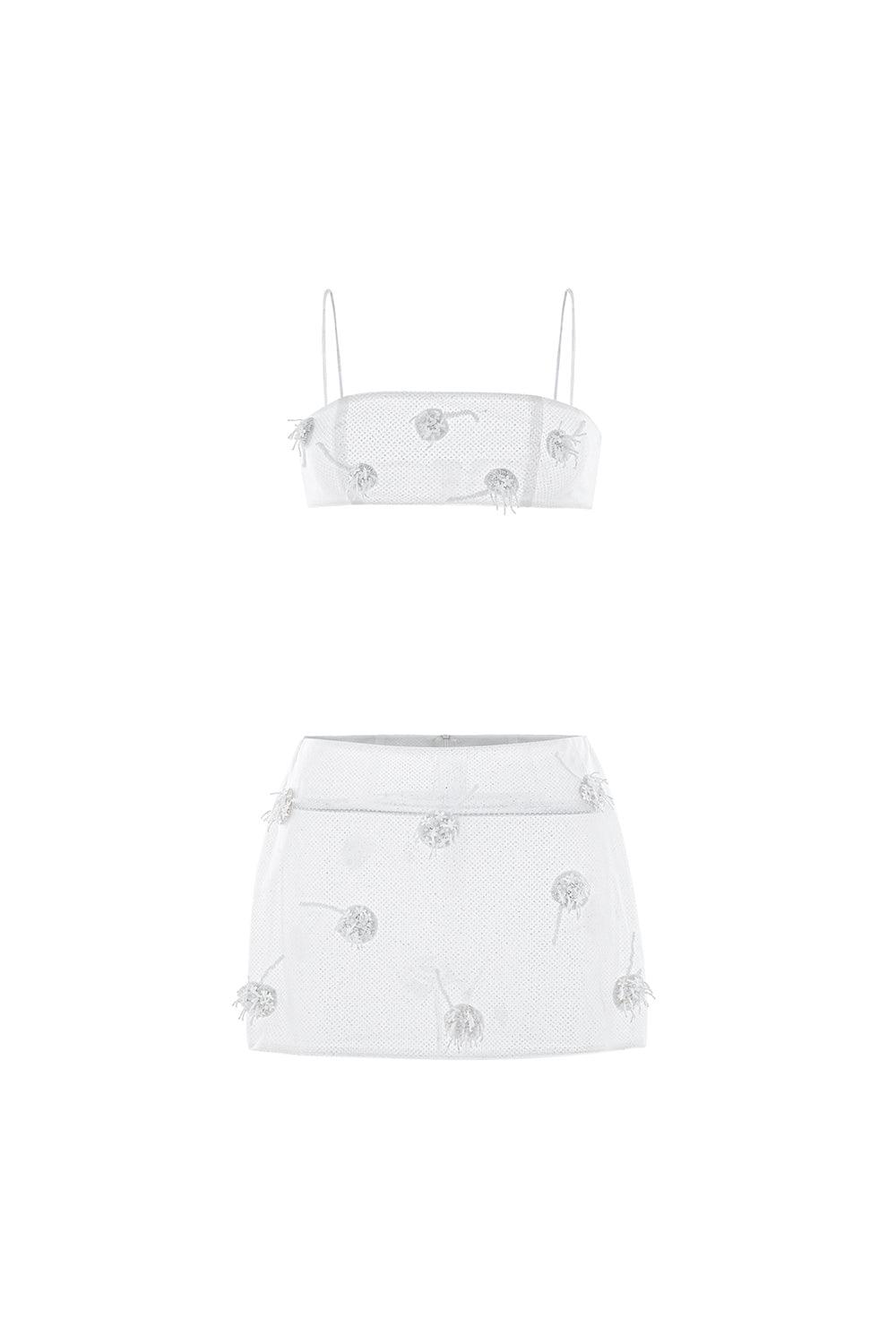 White Cherry Bodycon Flower Applique Mesh Mini Set