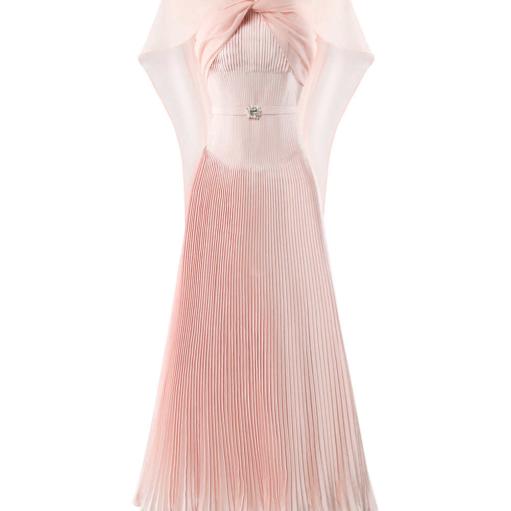 Rosaline Pleated Cape Sleeved Poly Organza Ankle Length Dress